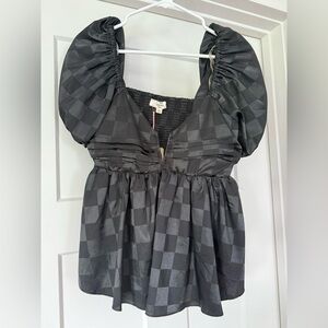 Entro Black Checkered Ruched Puff Sleeve Blouse